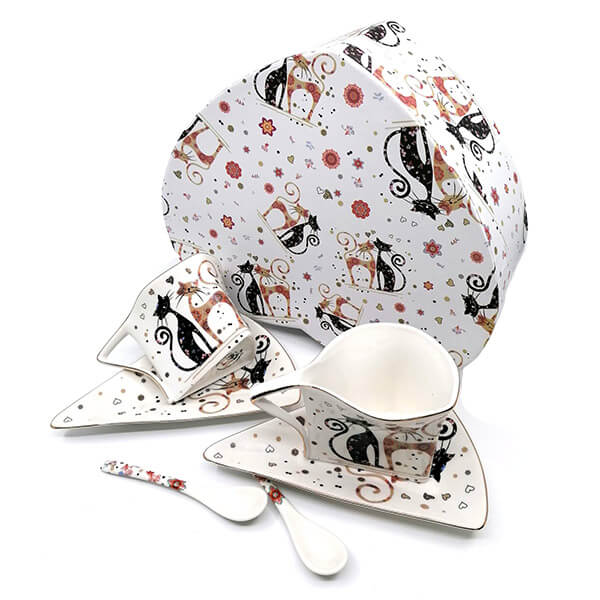Bögre, csésze Fekete-arany cicás porcelán csésze aljjal készlet - 300 ml - 2 személyes