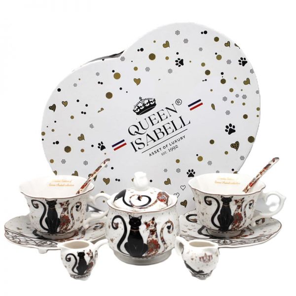 Fekete-arany cicás porcelán teáskészlet- 2 személyes díszdobozban