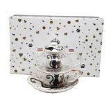 Fekete-arany cicás porcelán teáskészlet - 1 személyes szűrővel