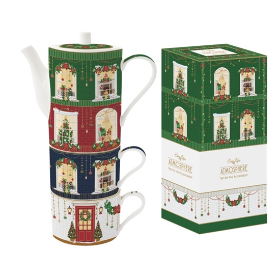 Karácsonyi porcelán bögre és teáskanna egymásba rakható szett díszdobozban Festive Avenue