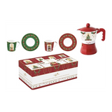 Karácsonyi porcelán eszpresszó kávés csésze + alj 100 ml 2 személyes kávéfőzővel díszdobozban Festive Avenue