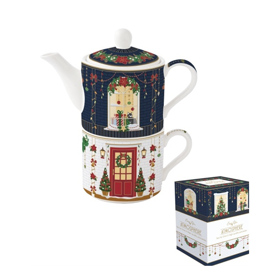 Karácsonyi porcelán egyszemélyes teáskészlet kanna + csésze díszdobozban Festive Avenue
