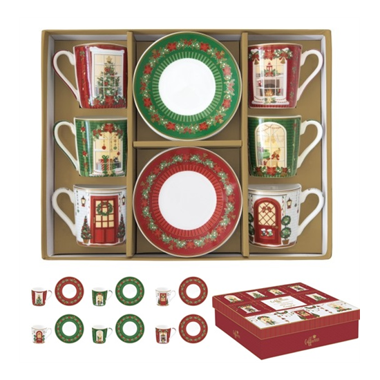 Karácsonyi porcelán eszpresszó kávés csésze + alj 100 ml 6 személyes díszdobozban Festive Avenue