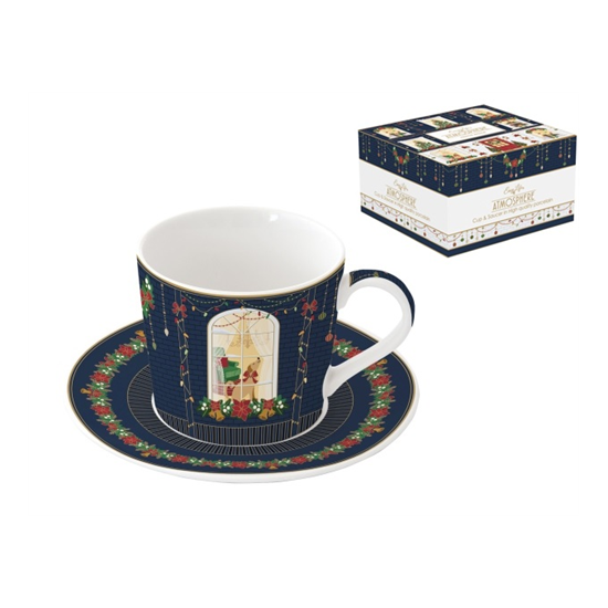 Karácsonyi porcelán reggeliző csésze + alj 380 ml díszdobozban Festive Avenue