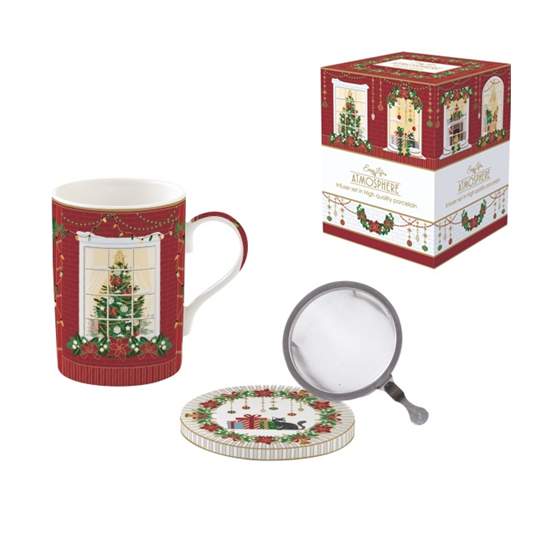 Karácsonyi porcelán teás bögre fém szűrővel díszdobozban Festive Avenue