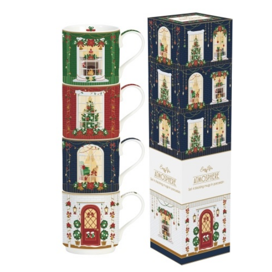 Karácsonyi porcelán bögre 4 db szett egymásba rakható díszdobozban Festive Avenue