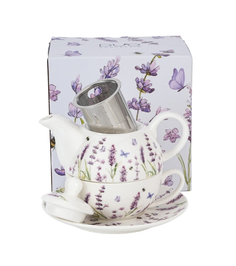 Levendulás porcelán egyszemélyes teáskészlet szűrővel díszdobozban