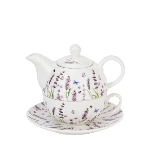 Levendulás porcelán egyszemélyes teáskészlet szűrővel díszdobozban