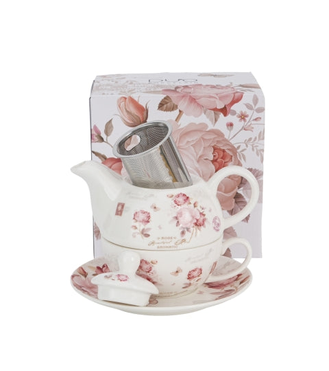Rózsás porcelán egyszemélyes teáskészlet szűrővel díszdobozban