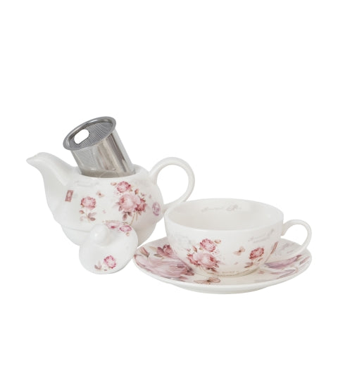 Rózsás porcelán egyszemélyes teáskészlet szűrővel díszdobozban