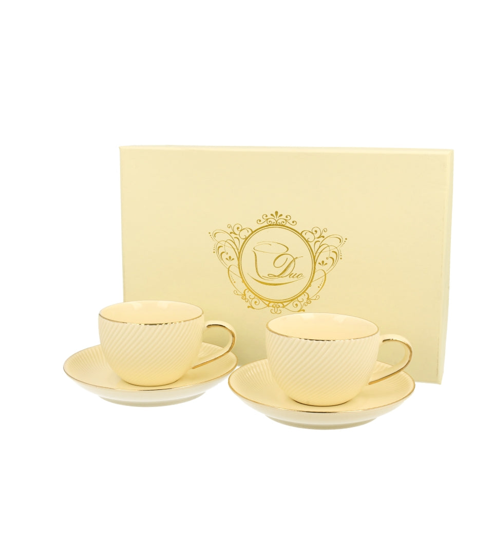 ELegáns porcelán kávés csésze + alj 120 ml 2 személyes Ecru díszdobozban arany szegélyyel