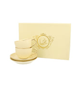 ELegáns porcelán kávés csésze + alj 120 ml 2 személyes Ecru díszdobozban arany szegélyyel