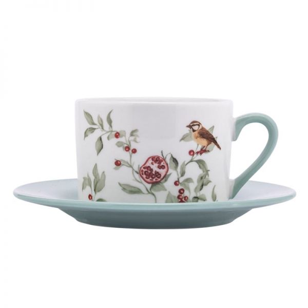 Gránátalmás - madaras porcelán csésze aljjal - 230 ml