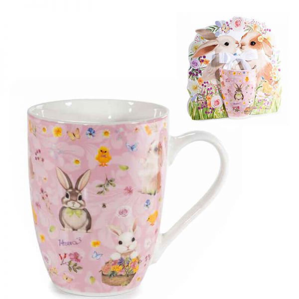 Húsvéti nyuszis porcelán bögre - 300 ml papír díszcsomagolásban rózsaszín