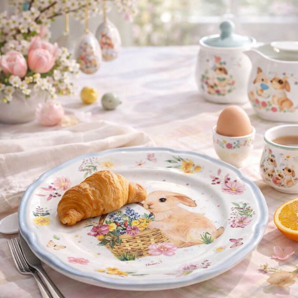 Húsvéti nyuszis porcelán desszertes tányér - 20 cm - kékes