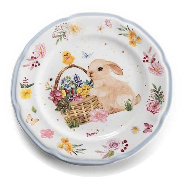 Húsvéti nyuszis porcelán desszertes tányér - 20 cm - kékes