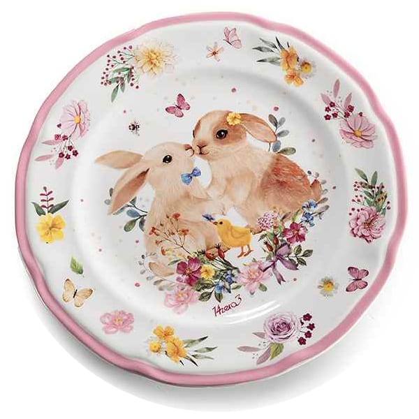 Húsvéti nyuszis porcelán desszertes tányér - 20 cm - rózsaszines