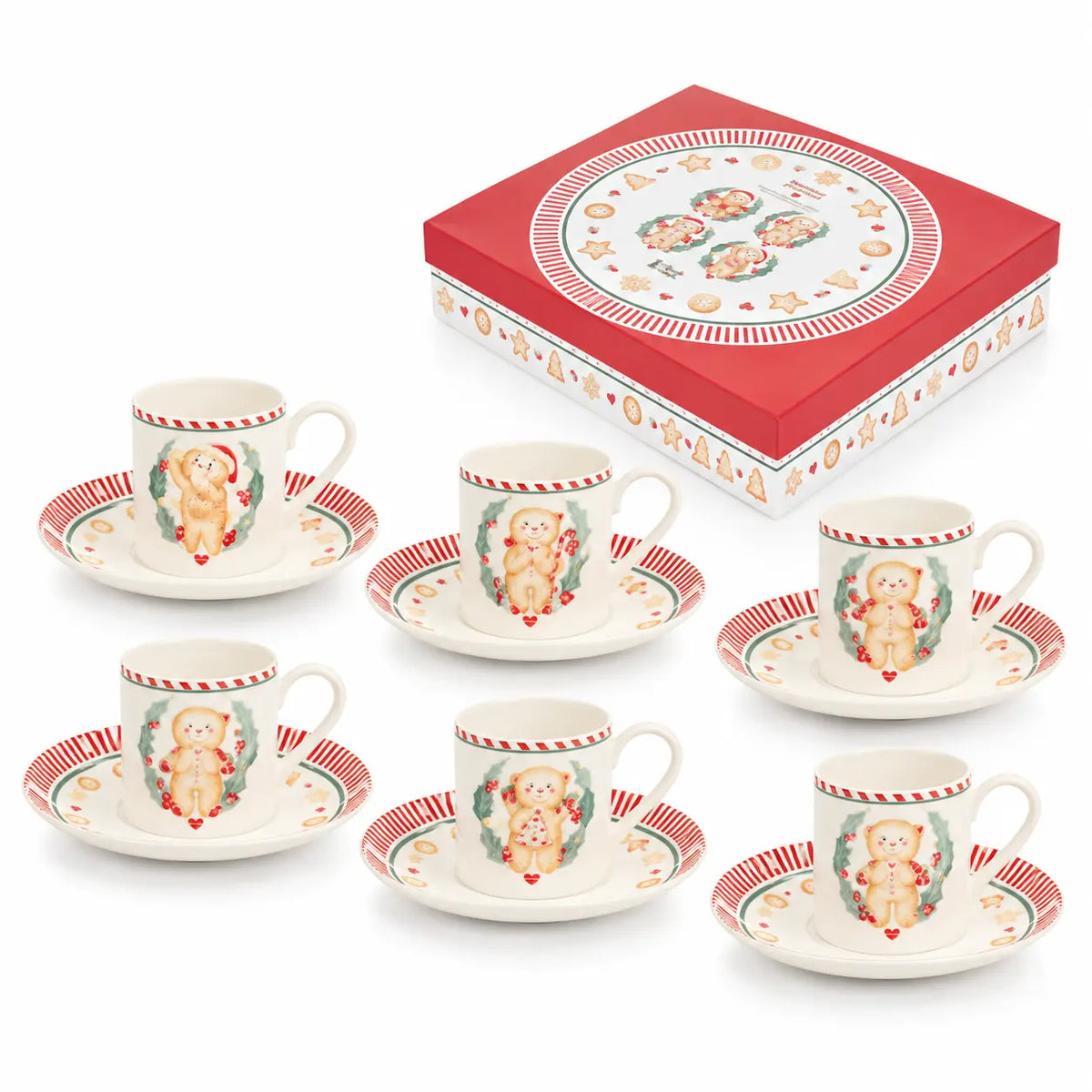 Karácsonyi porcelán eszpresszó kávés csésze 6 személyes szett díszdobozban mézeskalács baba