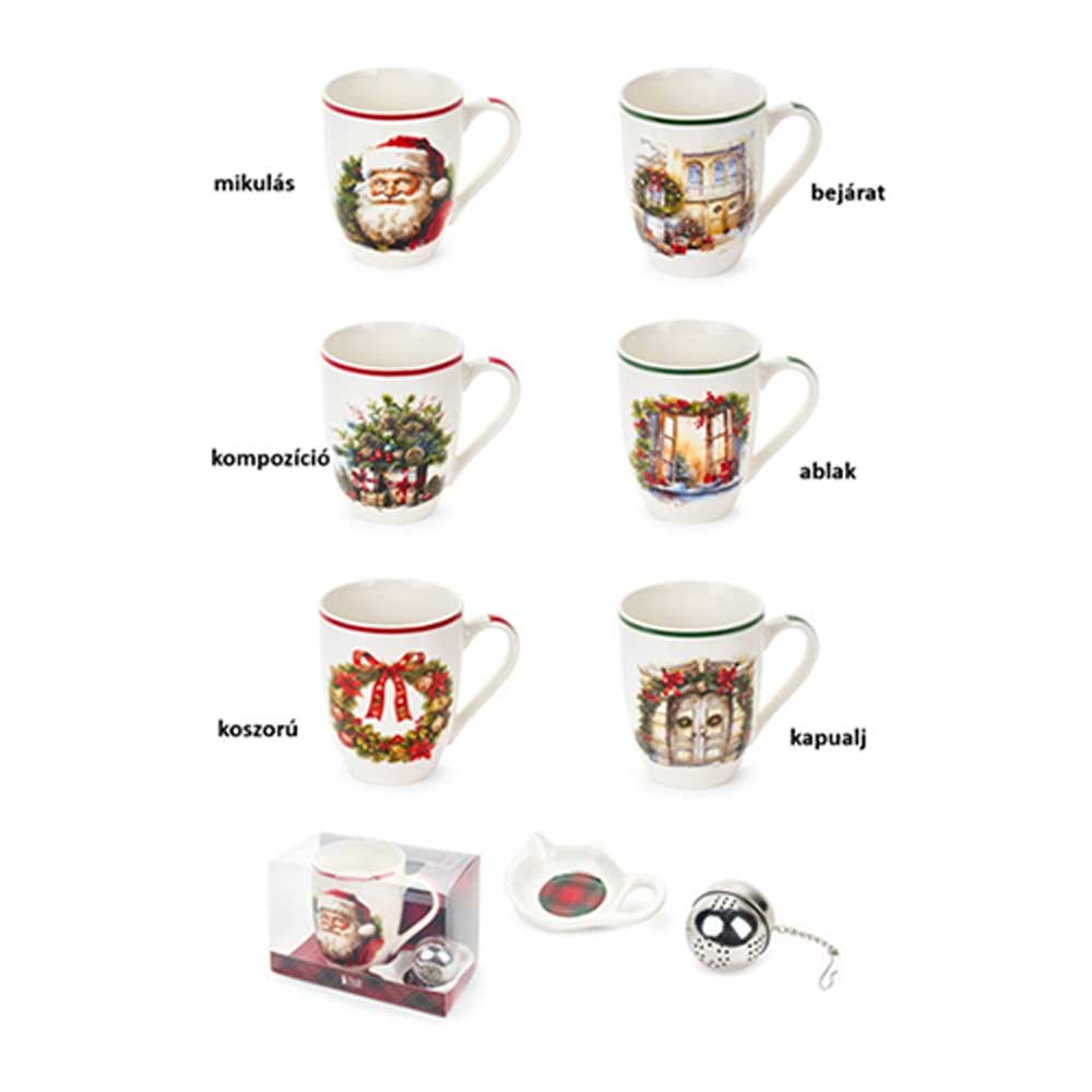 Karácsonyi mintás Porcelán bögre teatojással 6 féle dobozban