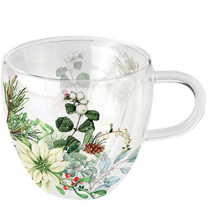Bögre Karácsonyi duplafalú borosilicate üveg csésze Fehér Mikulásvirág