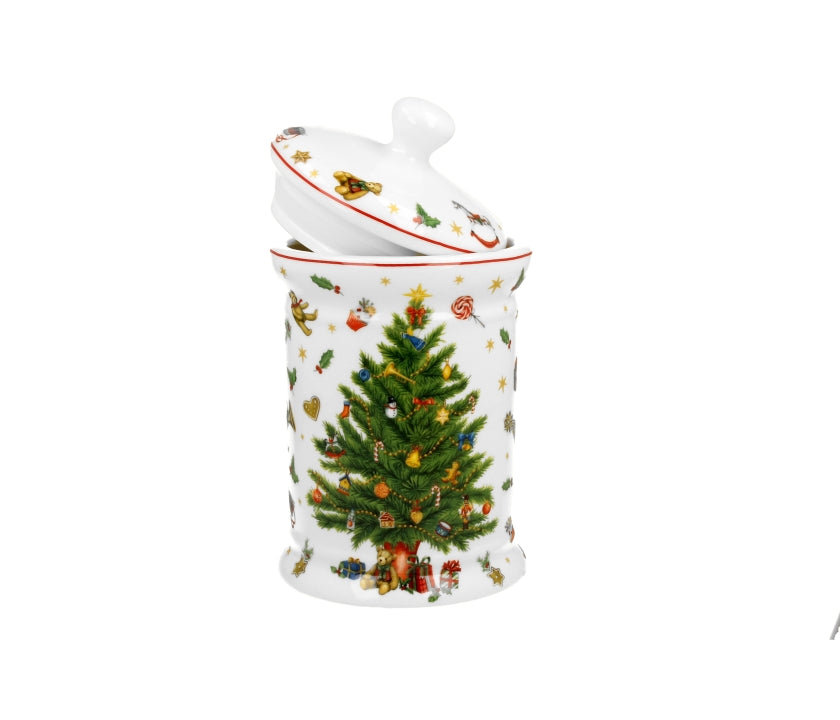 Bögre, csésze Karácsonyi fenyőfás porcelán keksztároló díszdobozban Christmas Tree