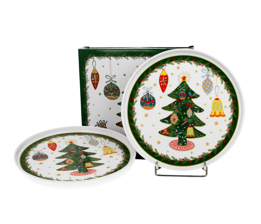 Bögre, csésze Karácsonyi fenyőfás porcelán kis tányér szett 2 db-os dobozban Around Christmas Tree