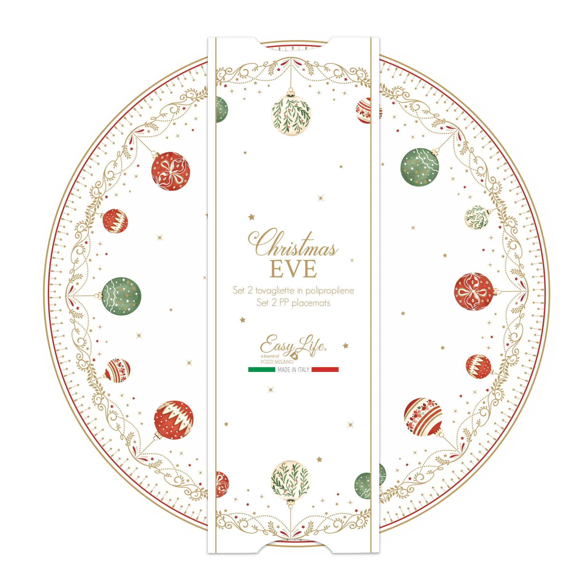 Tányér, étkészlet Karácsonyi gömbökkel díszített műanyag tányéralátét kerek 2db-os szett Christmas Eve