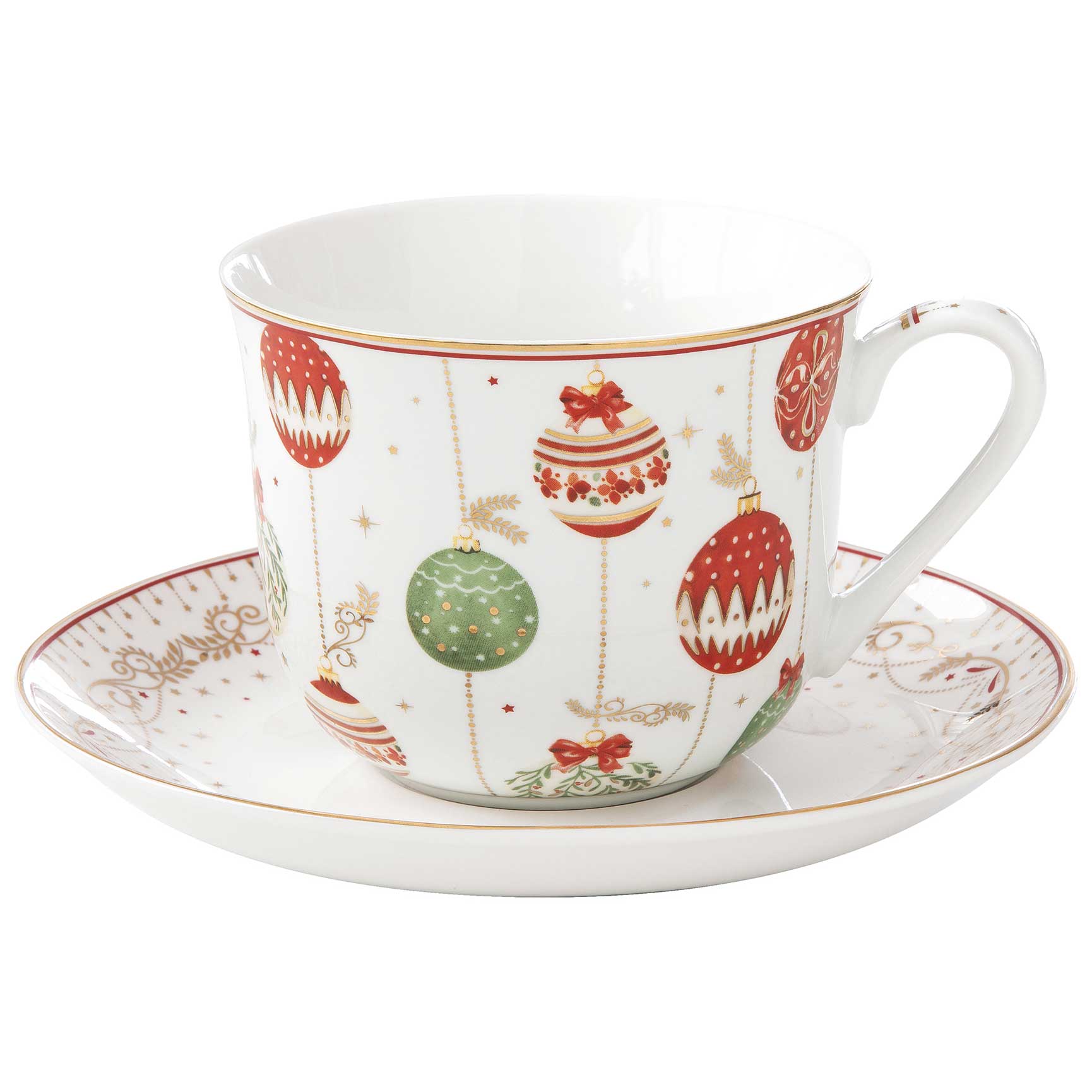 Tányér, étkészlet Karácsonyi gömbökkel díszített porcelán 370 ml-es reggeliző csésze aljjal díszdobozban Christmas Eve