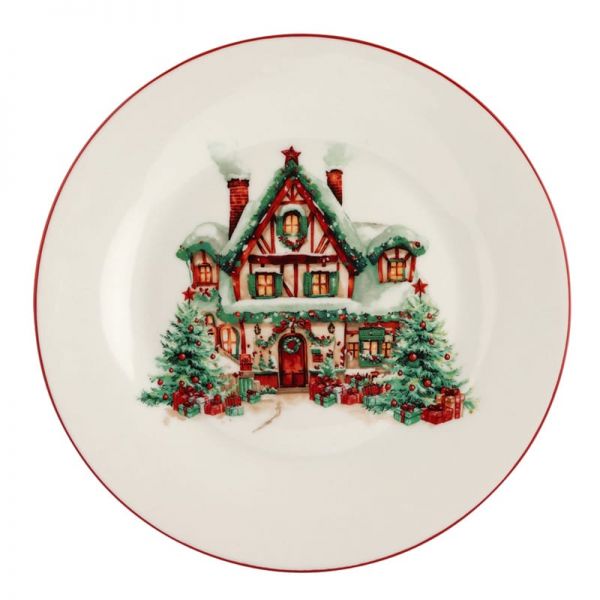 Karácsonyi házikós porcelán desszertes tányér - 19 cm - Holly Dreams