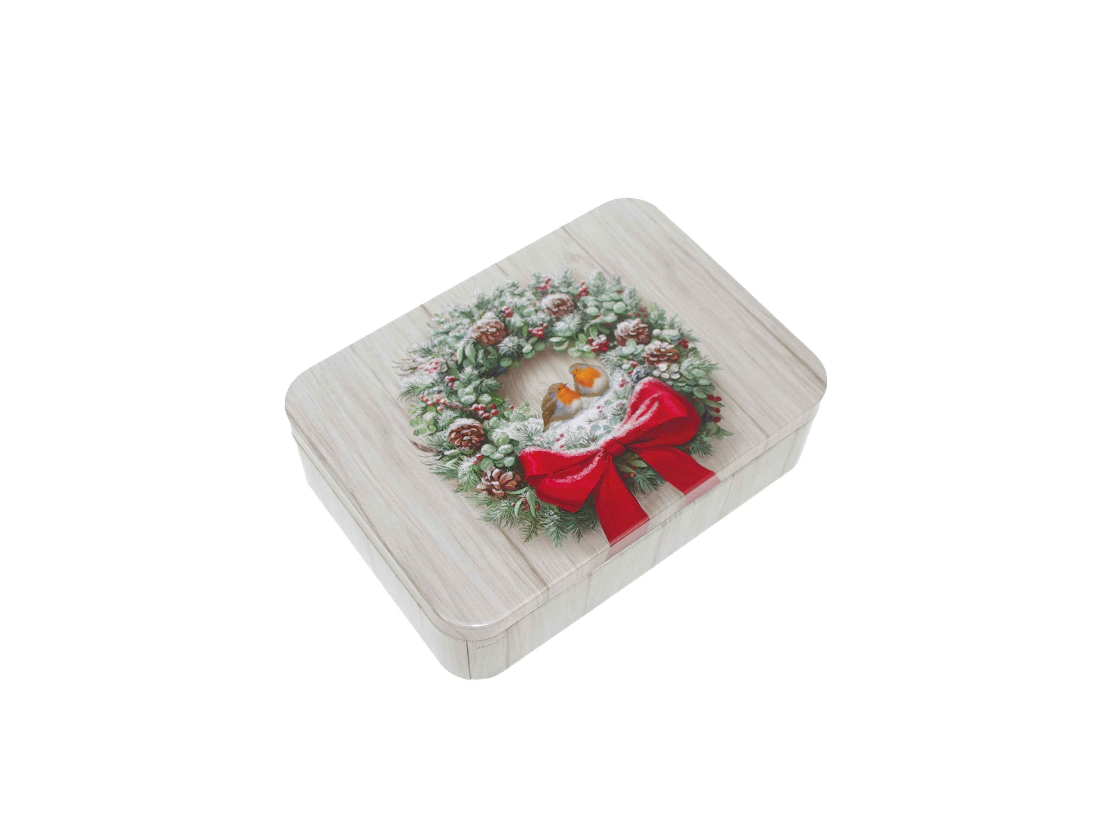 Fémdoboz Karácsonyi konyhai fémdoboz vörösbegy madarak koszorúban 142x101x31mm