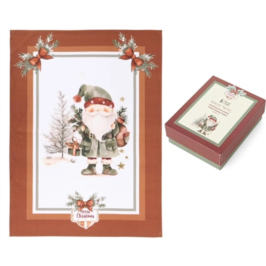 Karácsonyi konyharuha télapós 50x70 cm pamut díszdobozban