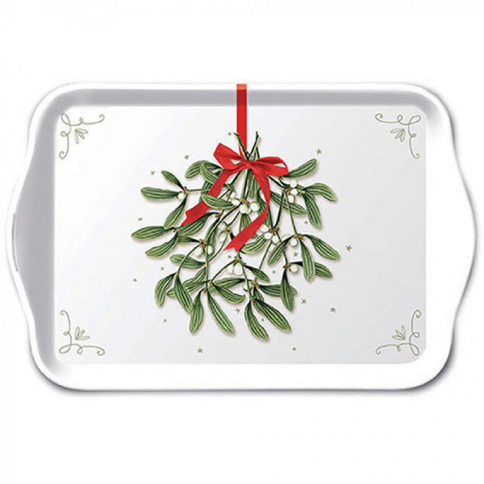 Tálca Karácsonyi műanyag kis tálca 13x21 cm Fagyöngy masnival