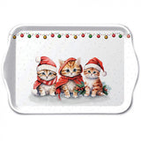 Tálca Karácsonyi műanyag kis tálca 13x21 cm Három mikulássapkás cicával