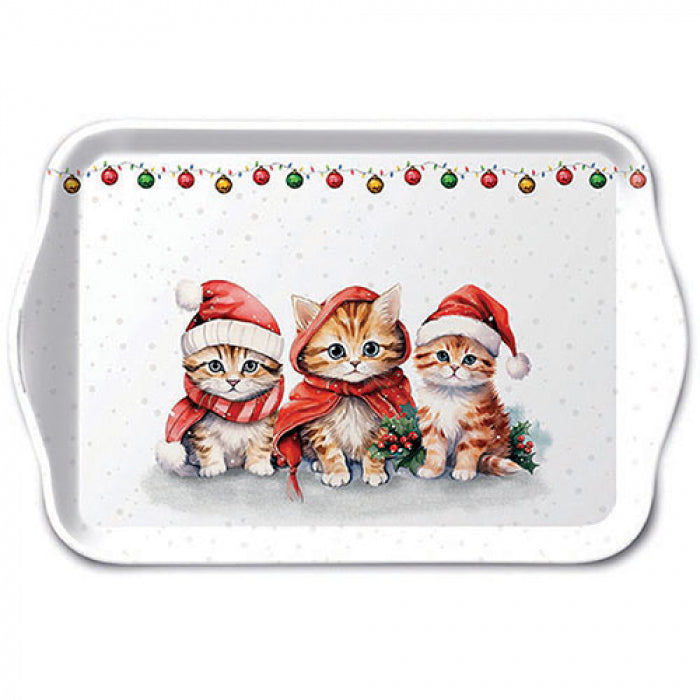 Tálca Karácsonyi műanyag kis tálca 13x21 cm Három mikulássapkás cicával