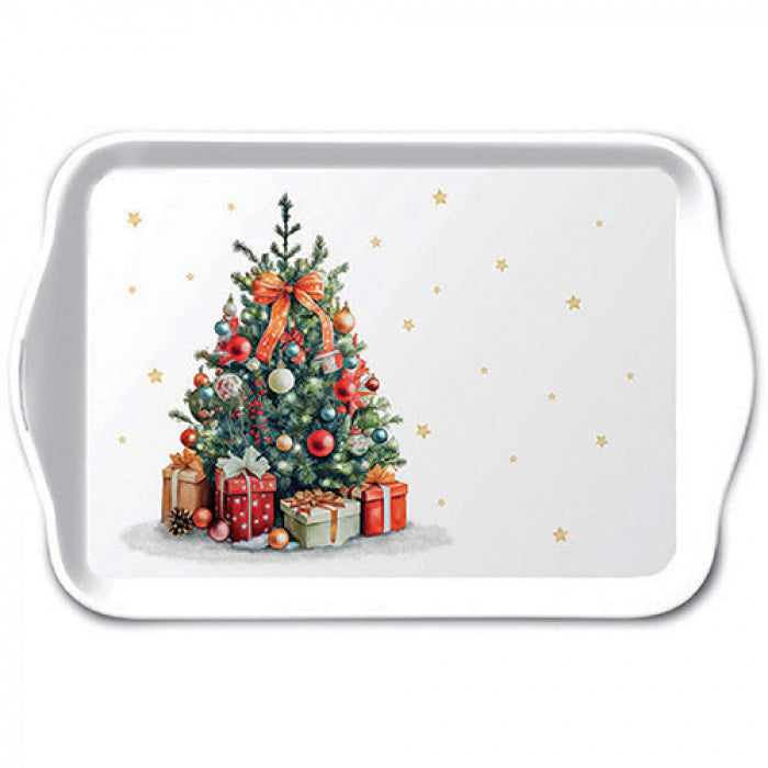 Tálca Karácsonyi műanyag kis tálca 13x21 cm Karácsonyfa ajándékokkal