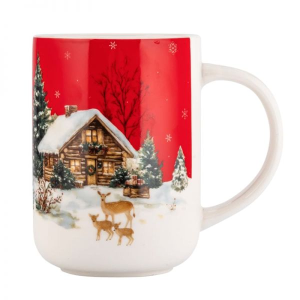 Karácsonyi porcelán bögre nagyméretű - 580 ml erdei ház őzikékkel