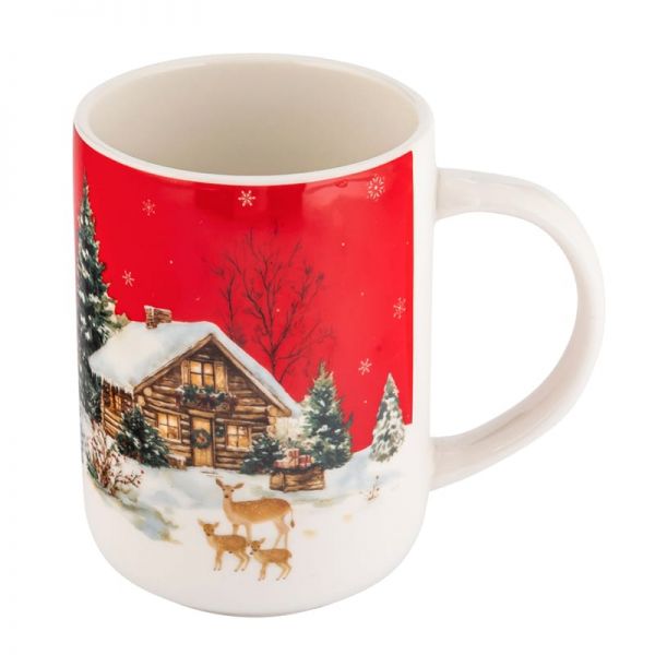 Karácsonyi porcelán bögre nagyméretű - 580 ml erdei ház őzikékkel