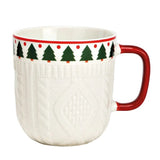 Karácsonyi porcelán bögre - 345 ml - kötött hatású fehér piros füllel