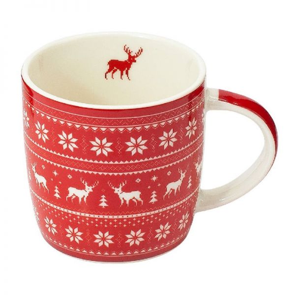 Karácsonyi porcelán bögre díszcsomagolásban - 300 ml piros szarvasos - norvég mintás