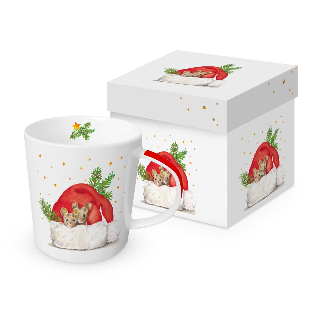 Bögre Karácsonyi porcelán bögre díszdobozban egérkék mikulás sapkában