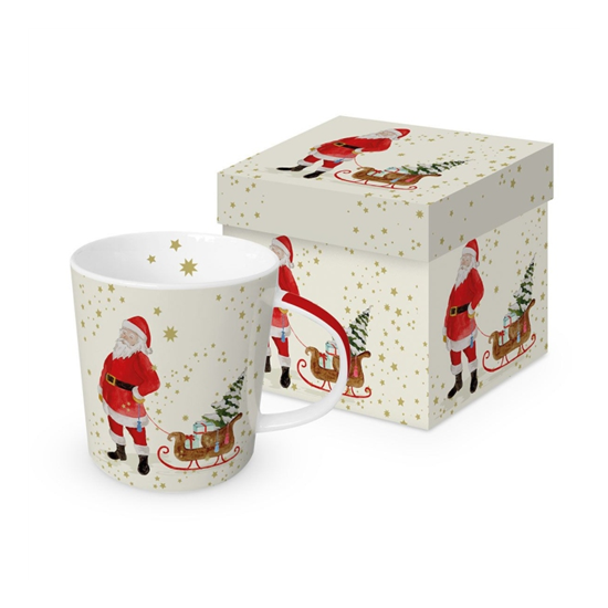 Bögre Karácsonyi porcelán bögre díszdobozban télapó szánkóval