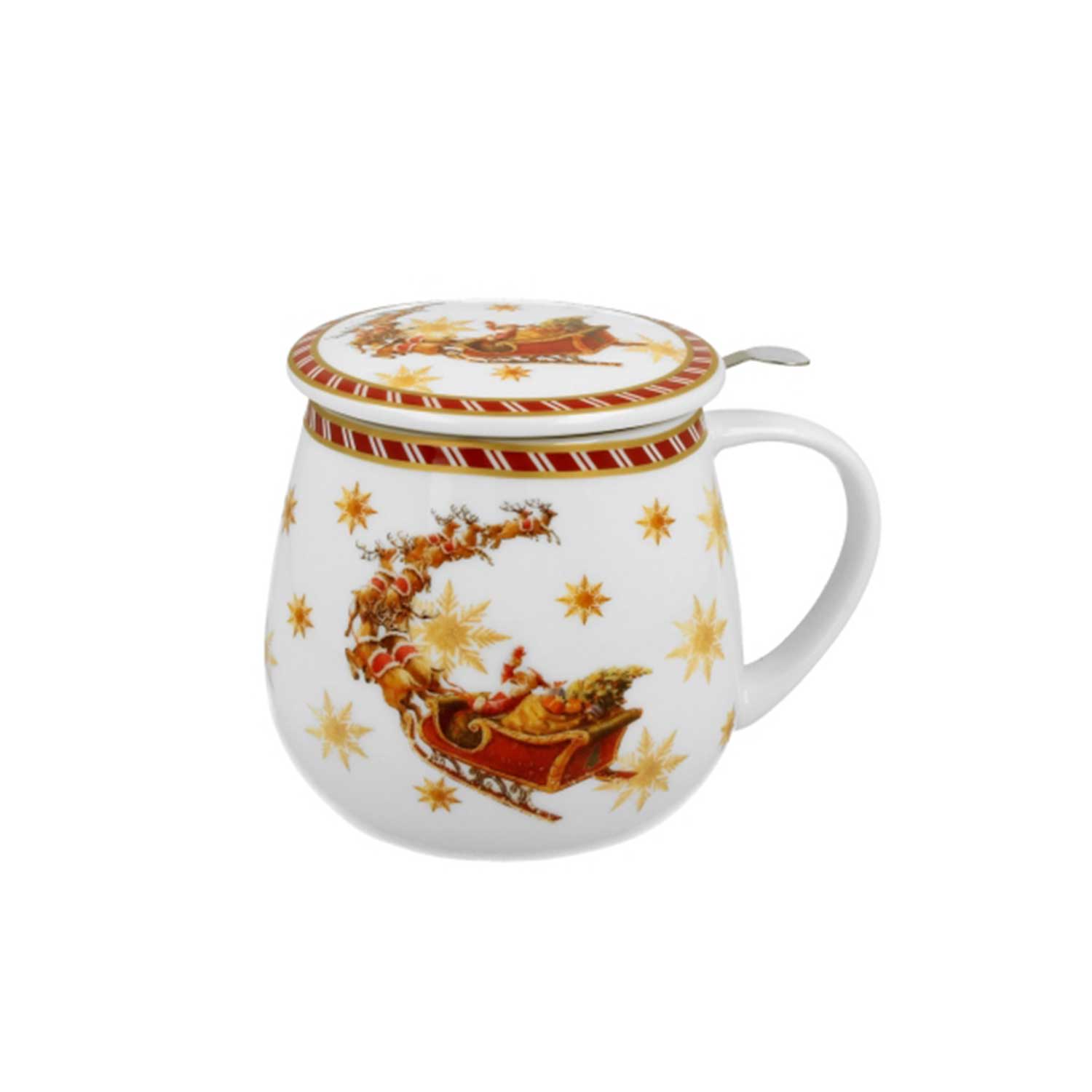 Bögre Karácsonyi porcelán bögre fém szűrővel Mikulás rénszarvas szánnal