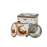 Bögre Karácsonyi porcelán bögre fém szűrővel Mikulás rénszarvas szánnal