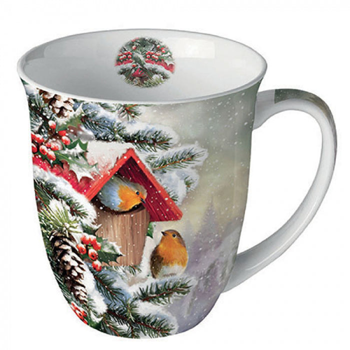 Bögre Karácsonyi porcelán bögre Két vörösbegy madár