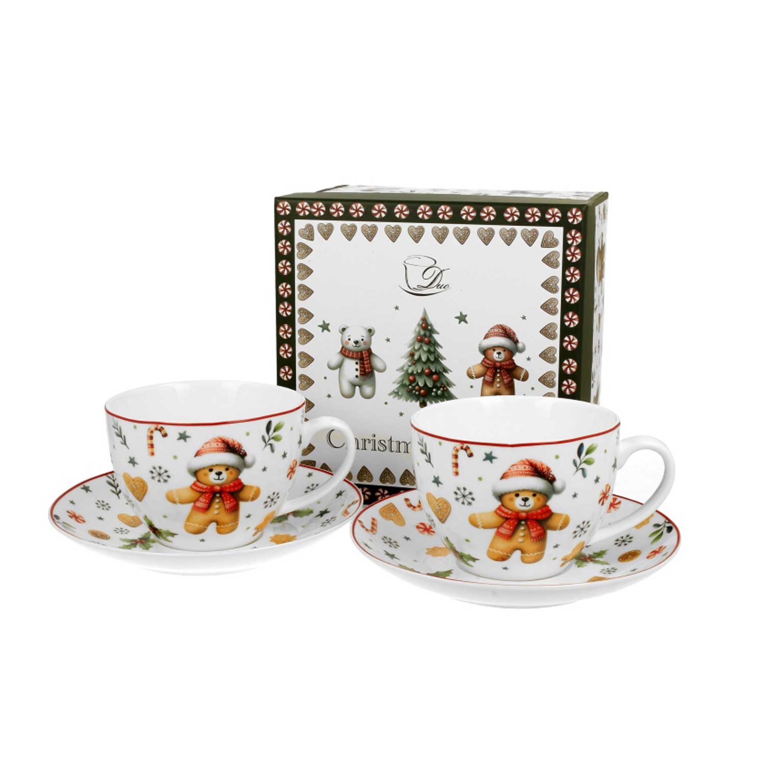 Bögre Karácsonyi porcelán csésze 2 db szett aljjalmézeskalács macis díszdobozban