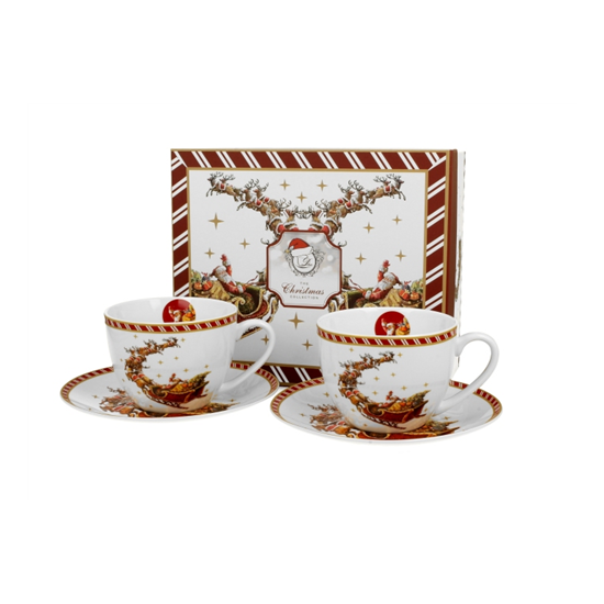 Bögre Karácsonyi porcelán csésze aljjal 2 személyes díszcsomagolásban Mikulás rénszarvas szánnal