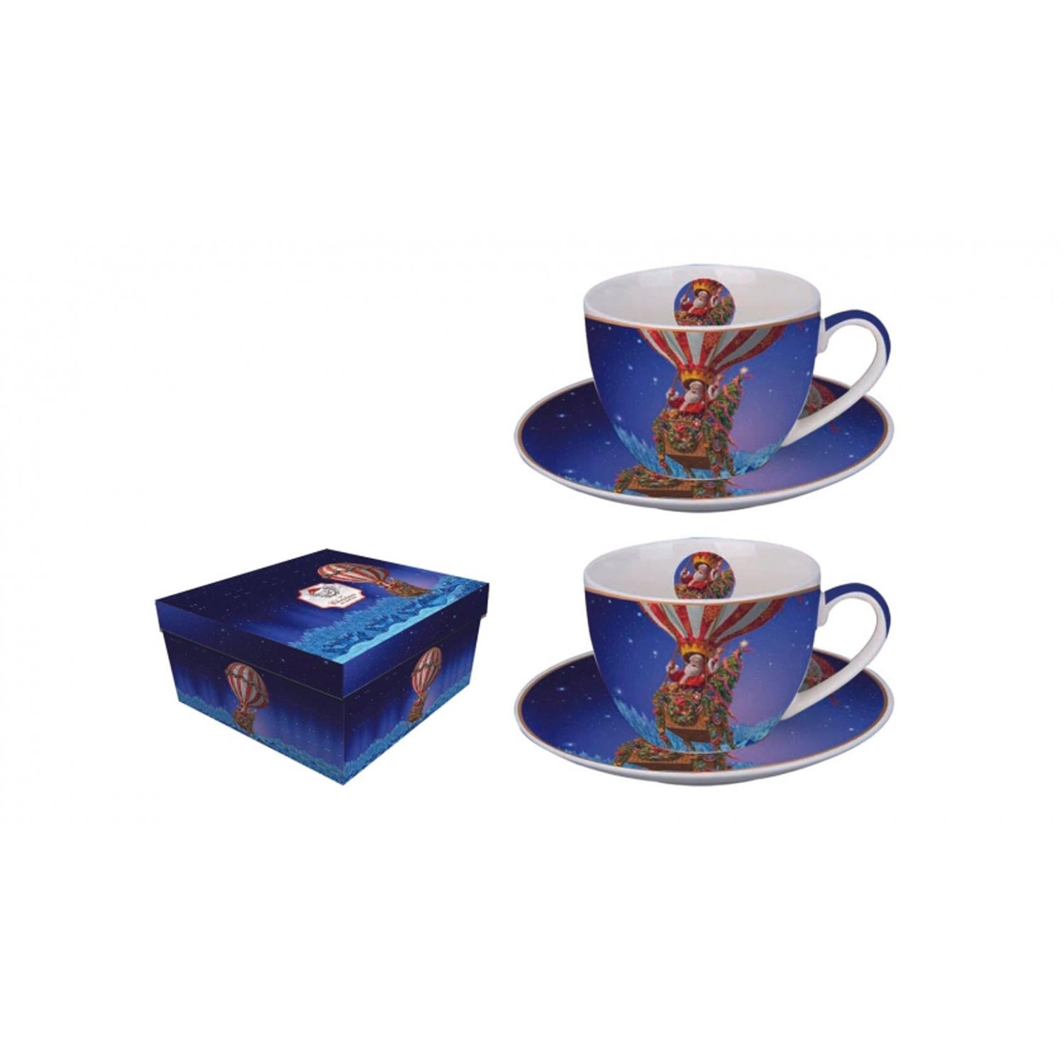 Bögre Karácsonyi porcelán csésze szett aljjal Mikulás hőlégballonban