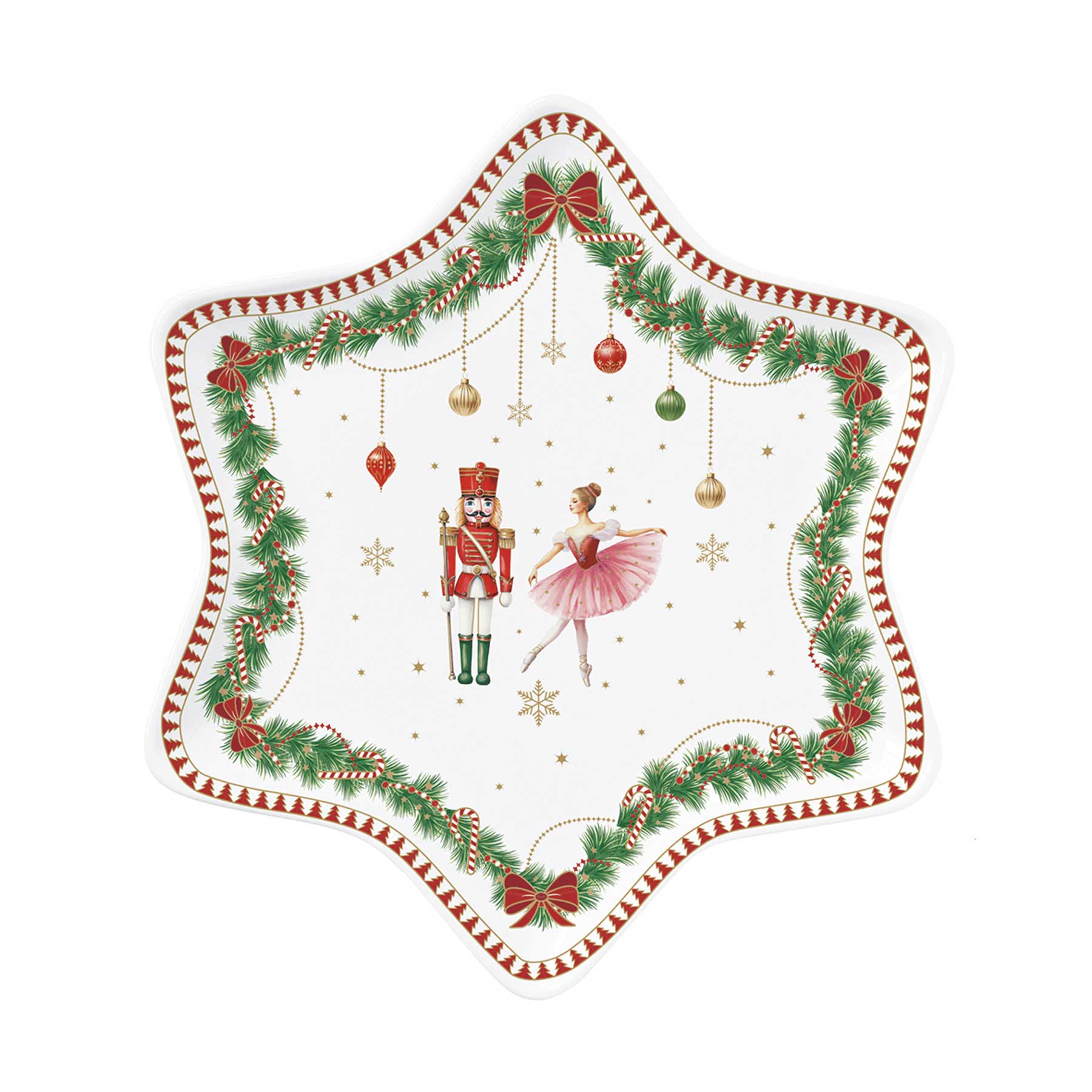 Tányér, étkészlet Karácsonyi porcelán csillag alakú tálca diótörős díszdobozban Magie de Noel
