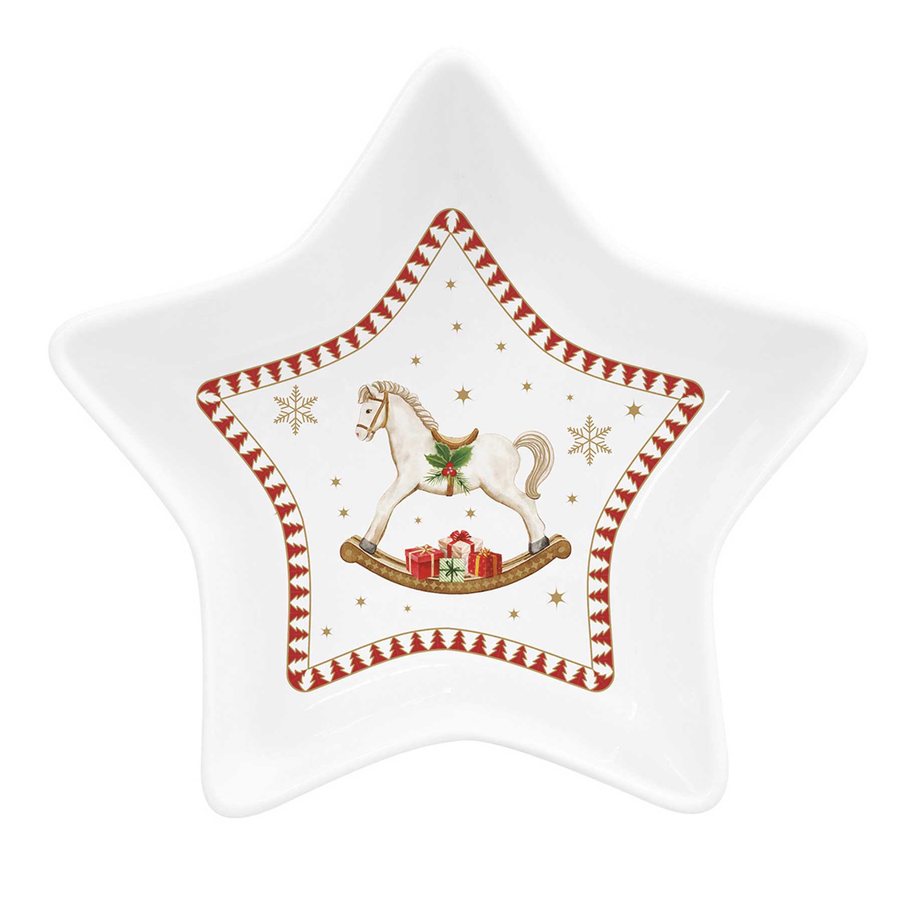 Tányér, étkészlet Karácsonyi porcelán csillag alakú tálka hintalovas díszdobozban Magie de Noel