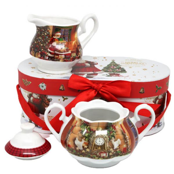 Tányér, étkészlet Karácsonyi porcelán cukortartó és tejkiöntő - Télapós